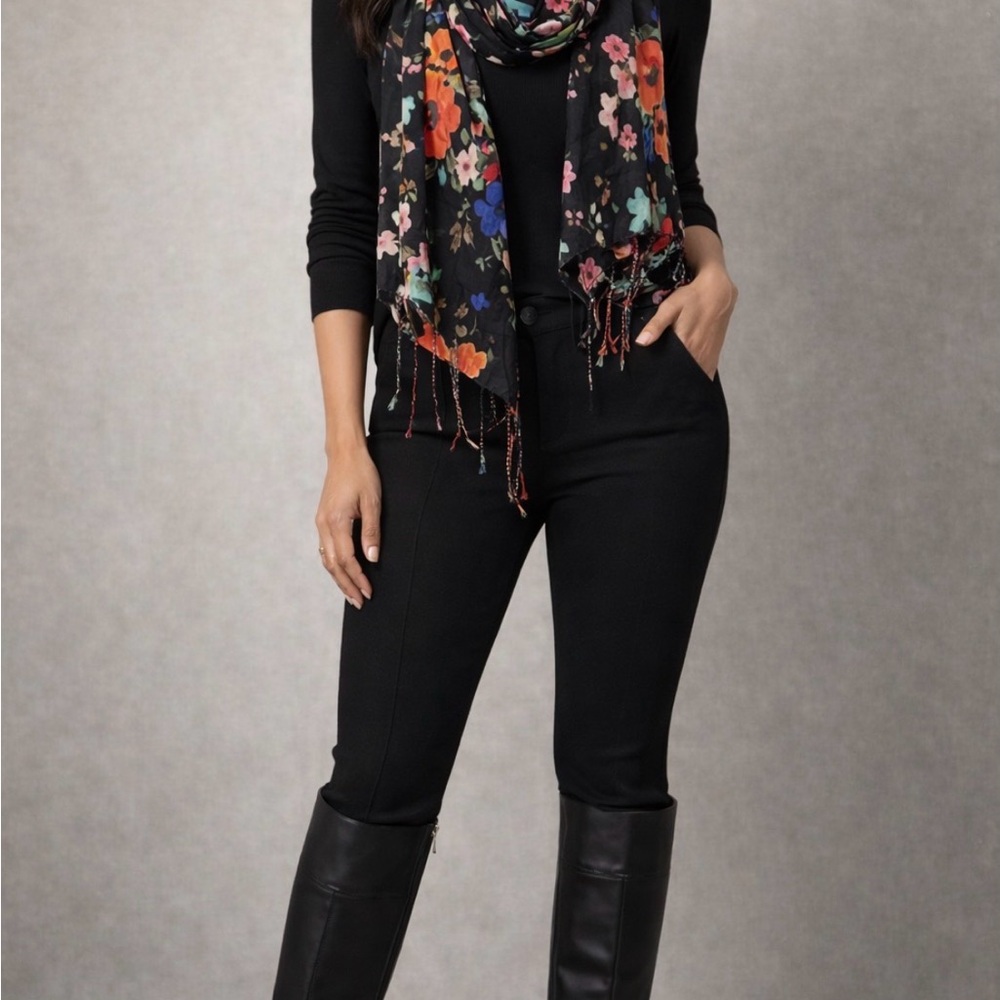Black Floral Fringe Scarf